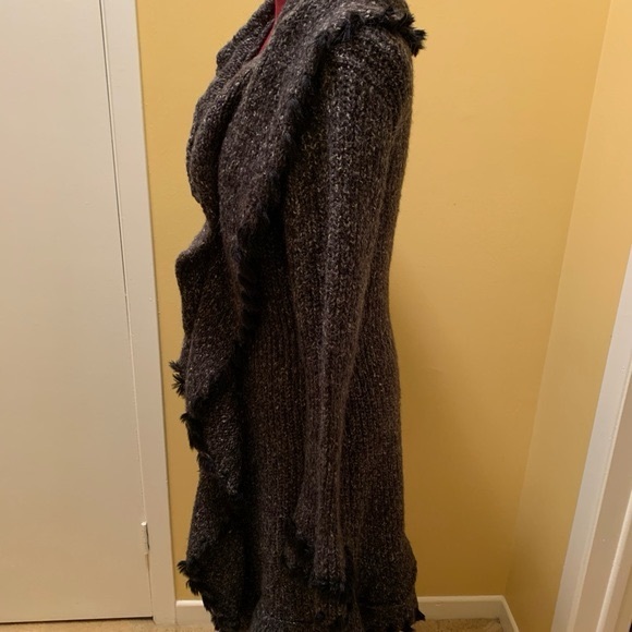 Olivia M long cardigan with knit ruffles and faux fur tuft trim - Picture 5 of 16
